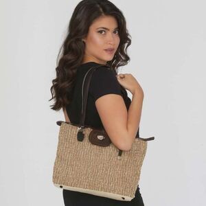 Brighton Straw Shoulder Bag Handbag Satchel Purse Leather Trim WOMEN'S WOMAN'S